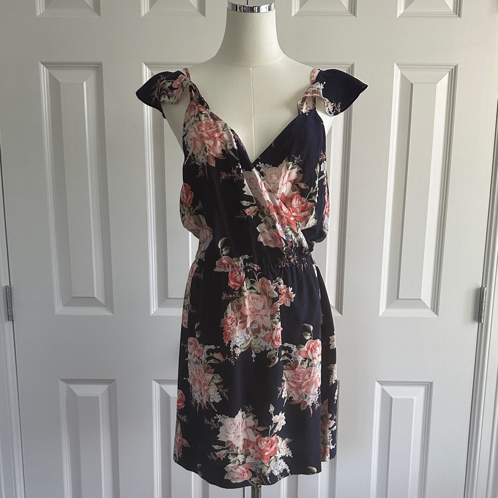 Joie Sari SILK Navy Blue Floral Elastic Waist V-Neck Mini Dress Size M